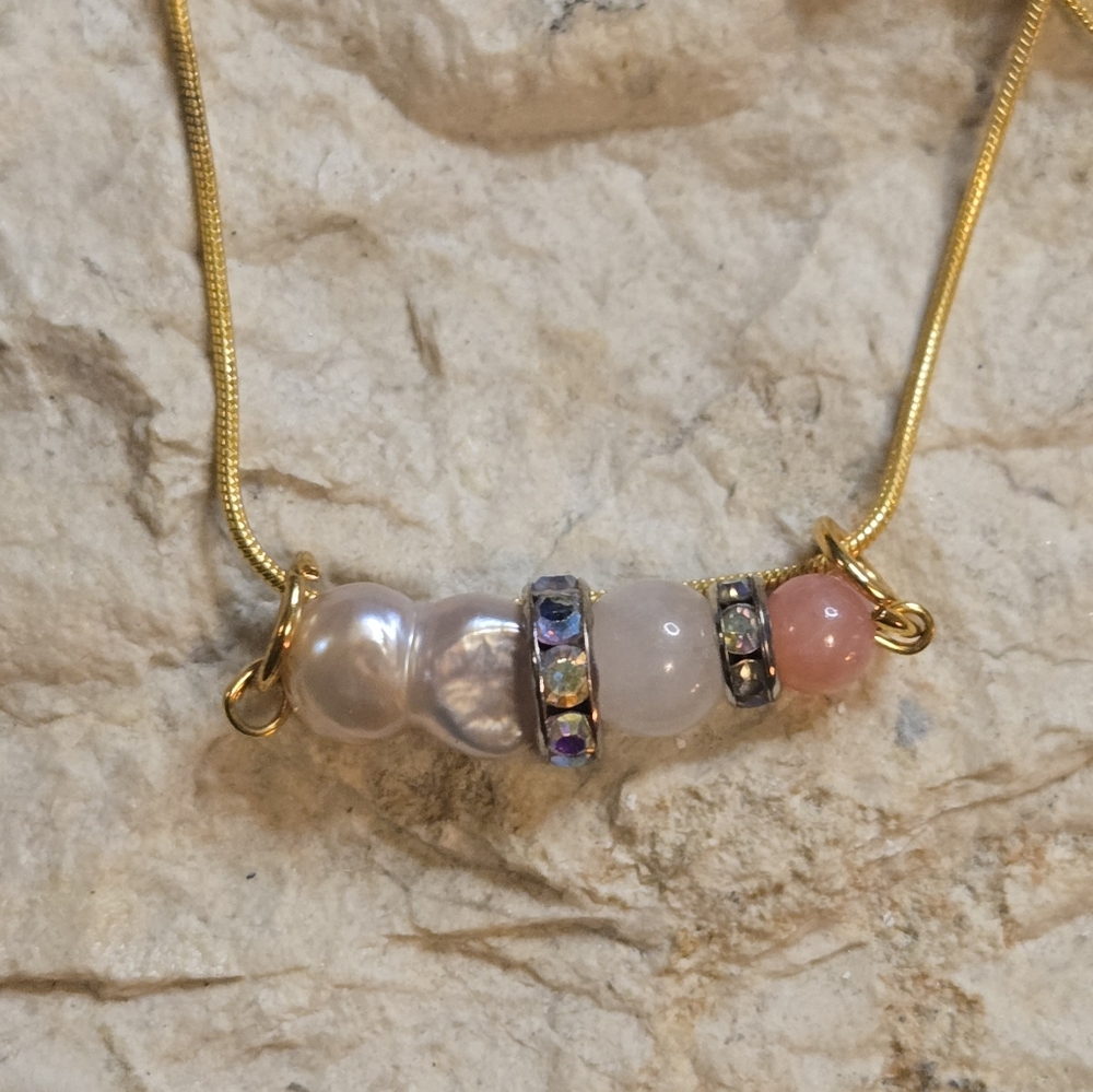 Baroque Pearl Vibe Bar Necklace | Rose Quartz & Pink Jade | 18Kgp Chain - Picture 2 of 7